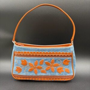 Small Isabella Fiore Blue Suede Handbag Bag Purse with Brown Floral Appliqué Y2K